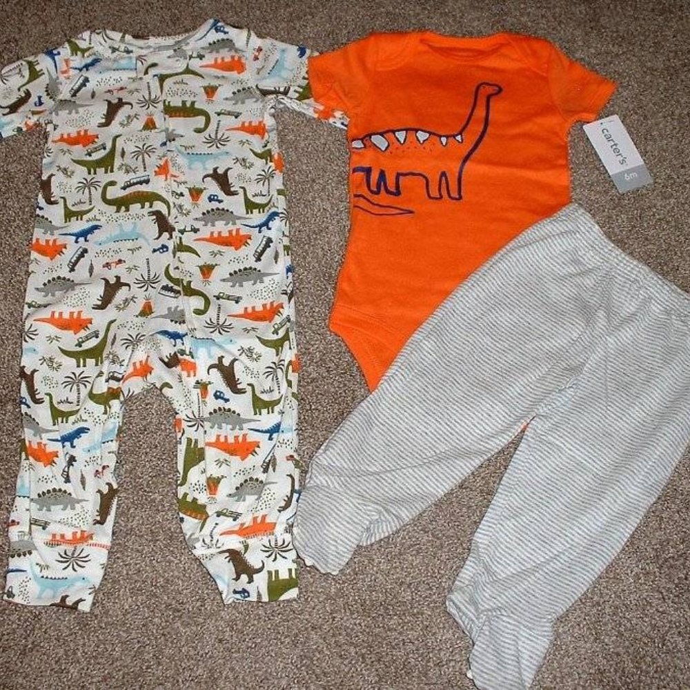 Carters Dinosaur 3pc Outfit Sleeper Pajamas Pant Set Dino Size 6M 3-6 months NWT - Picture 1 of 2